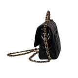 Black Shiny Quilted Golden Links Top Handle Flap Bag