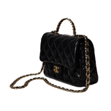 Black Shiny Quilted Golden Links Top Handle Flap Bag