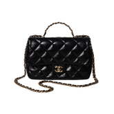 Black Shiny Quilted Golden Links Top Handle Flap Bag