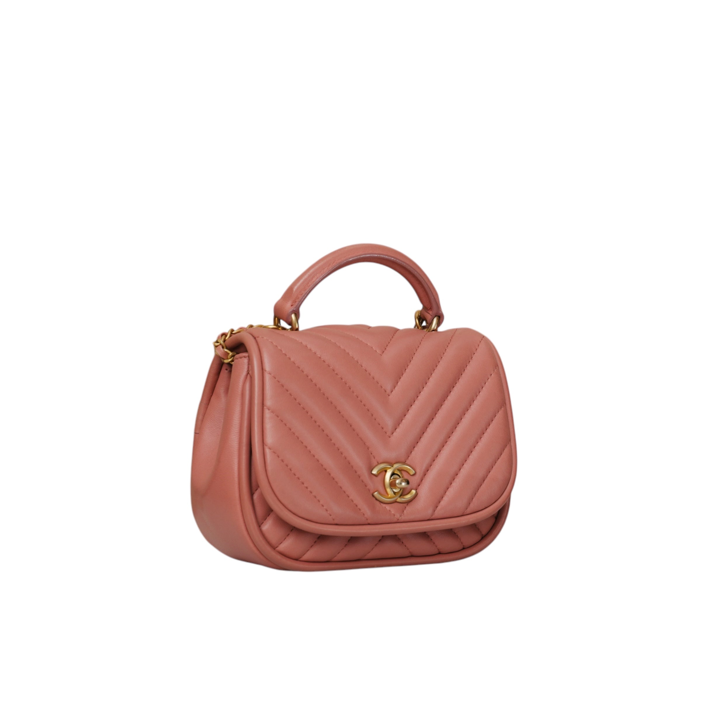 Reversed Chevron Top Handle Flap Bag Antique Pink GHW